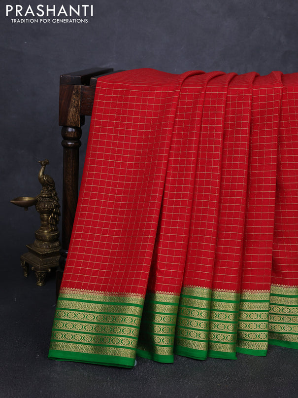 Pure mysore silk saree red and green with allover zari checked patternn and zari woven border