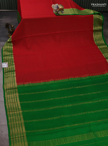 Pure mysore silk saree red and green with allover zari checked patternn and zari woven border