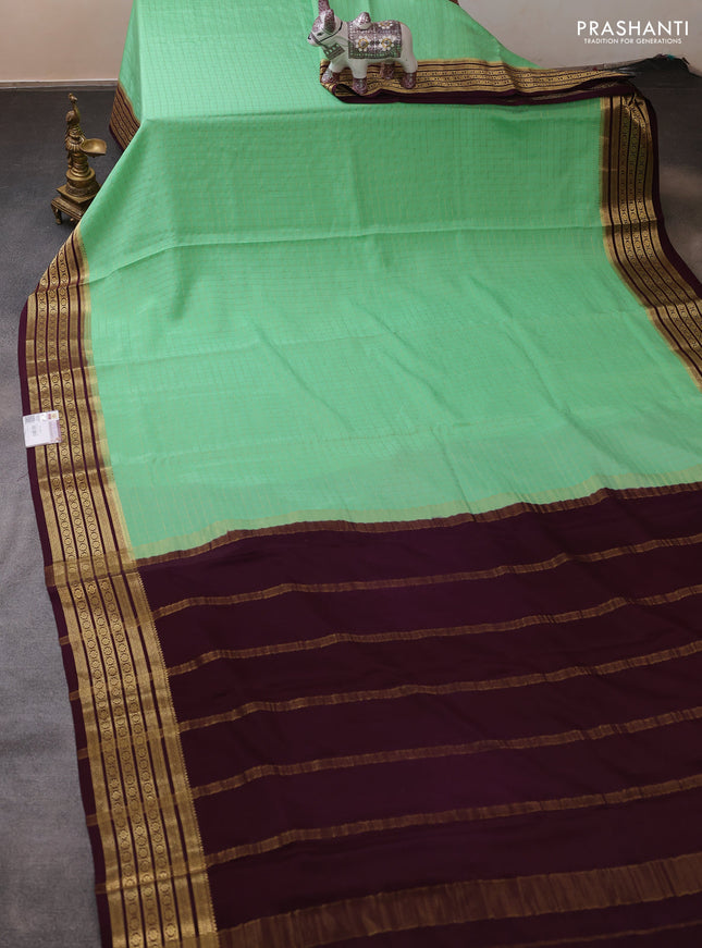 Pure mysore silk saree pista green and wine shade with allover zari checked pattern and zari woven border