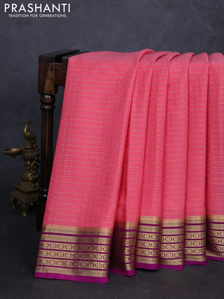 Pure mysore silk saree peach pink and purple with allover zari checked pattern and zari woven border