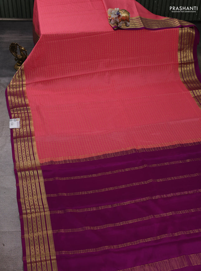 Pure mysore silk saree peach pink and purple with allover zari checked pattern and zari woven border