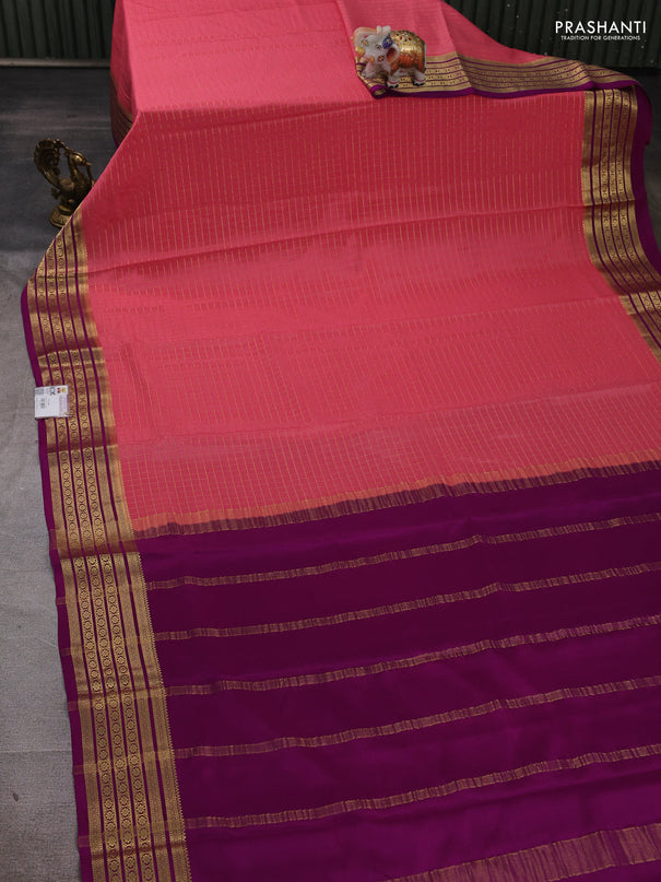 Pure mysore silk saree peach pink and purple with allover zari checked pattern and zari woven border