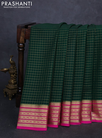 Pure mysore silk saree bottle green and pink with allover zari checked pattern and zari woven border