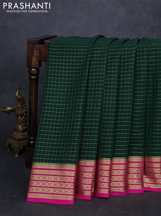 Pure mysore silk saree bottle green and pink with allover zari checked pattern and zari woven border