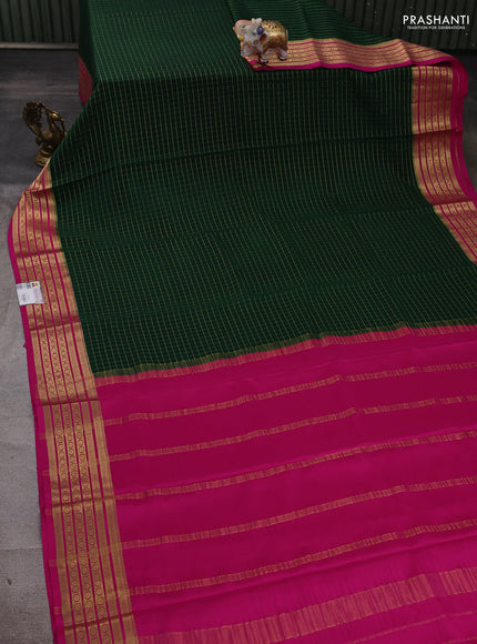 Pure mysore silk saree bottle green and pink with allover zari checked pattern and zari woven border