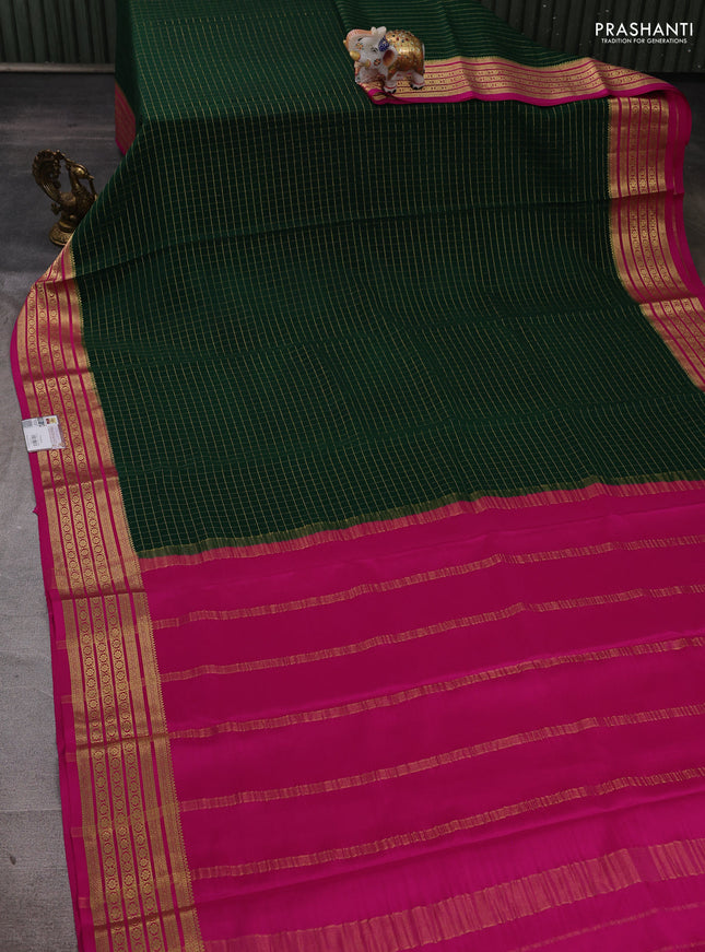 Pure mysore silk saree bottle green and pink with allover zari checked pattern and zari woven border