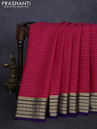 Pure mysore silk saree pink and navy blue with allover zari checked pattern and zari woven border
