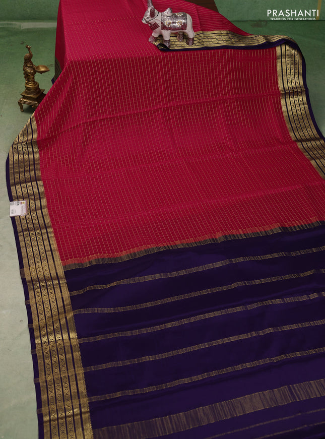 Pure mysore silk saree pink and navy blue with allover zari checked pattern and zari woven border