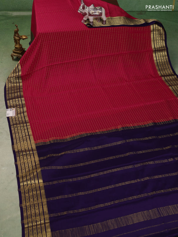 Pure mysore silk saree pink and navy blue with allover zari checked pattern and zari woven border