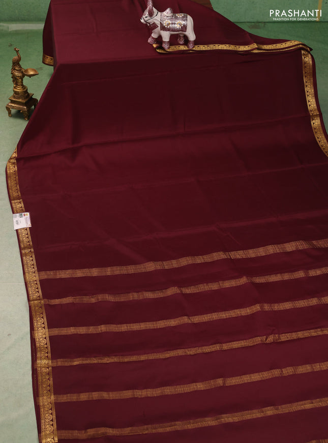 Pure mysore silk saree coffee brown with plain body and small zari woven border