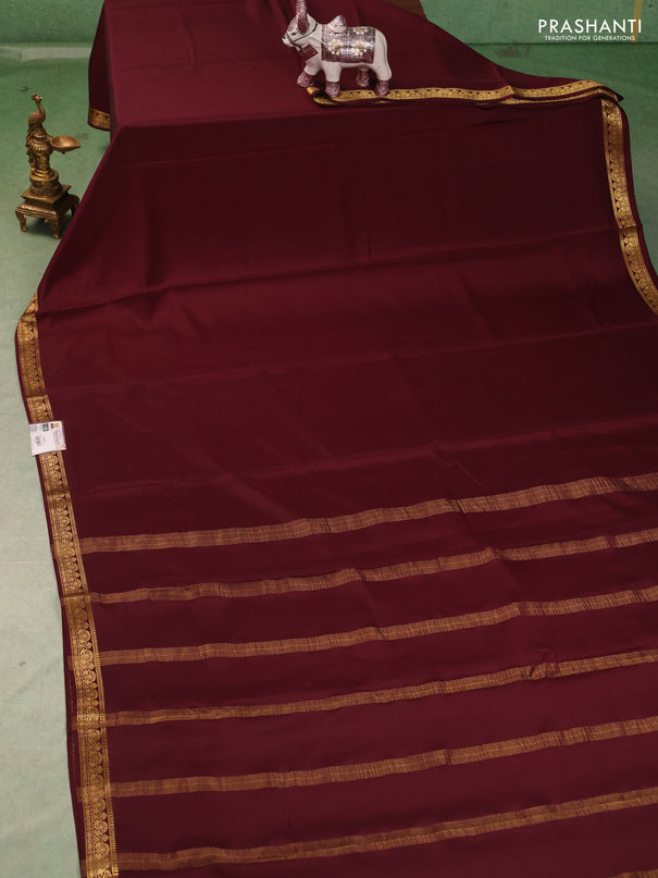 Pure mysore silk saree coffee brown with plain body and small zari woven border