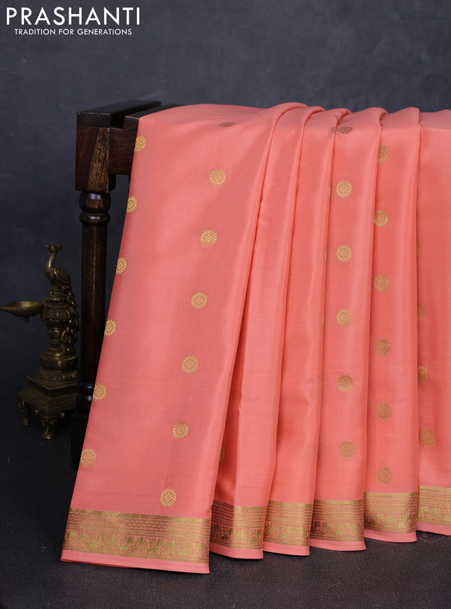 Pure mysore silk saree peach orange with allover zari woven buttas and zari woven border