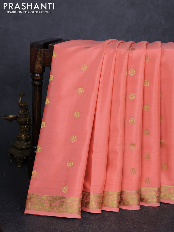 Pure mysore silk saree peach orange with allover zari woven buttas and zari woven border