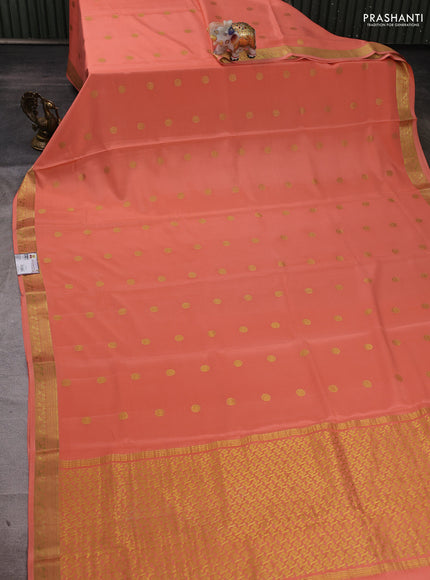 Pure mysore silk saree peach orange with allover zari woven buttas and zari woven border
