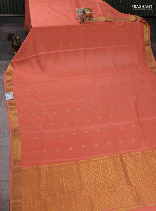 Pure mysore silk saree peach orange with allover zari woven buttas and zari woven border
