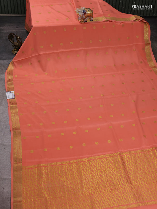 Pure mysore silk saree peach orange with allover zari woven buttas and zari woven border