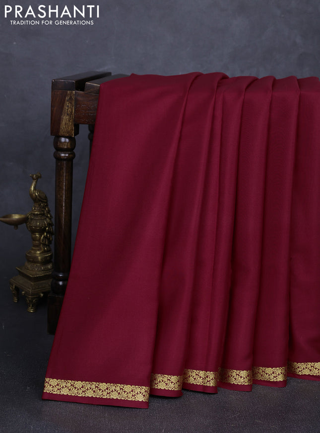Pure mysore silk saree maroon with plain body and small zari woven border