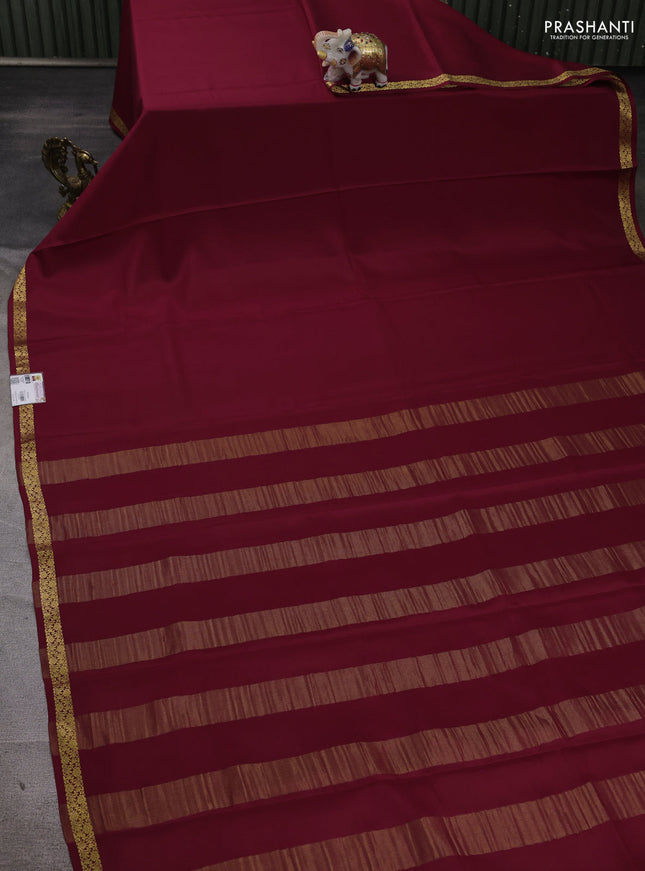 Pure mysore silk saree maroon with plain body and small zari woven border