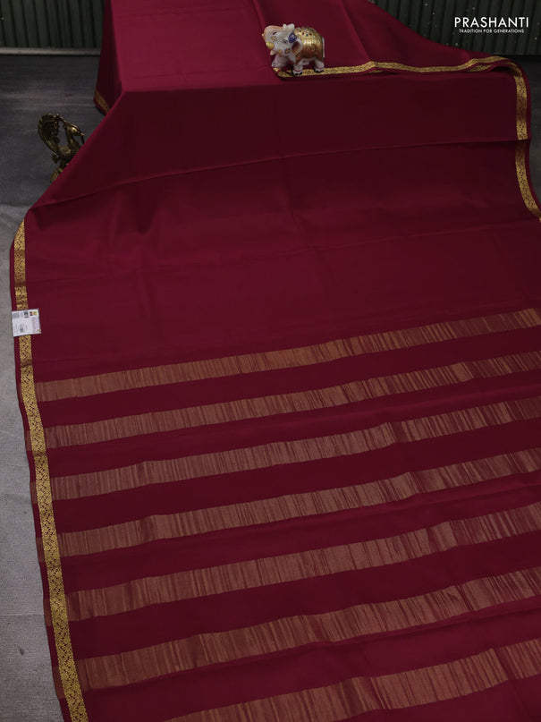 Pure mysore silk saree maroon with plain body and small zari woven border