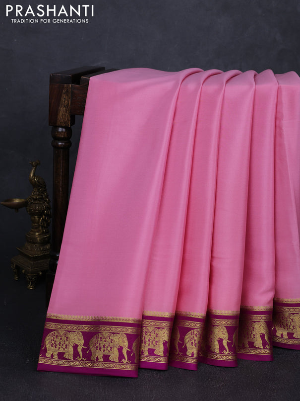 Pure mysore silk saree pastel pink and purple with plain body and zari woven border