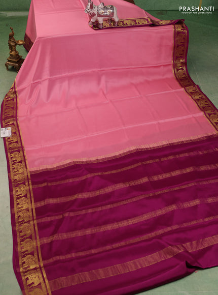 Pure mysore silk saree pastel pink and purple with plain body and zari woven border