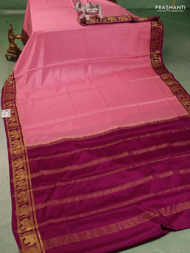 Pure mysore silk saree pastel pink and purple with plain body and zari woven border