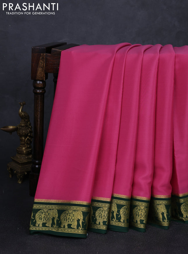 Pure mysore silk saree mauve pink and green with plain body and zari woven border