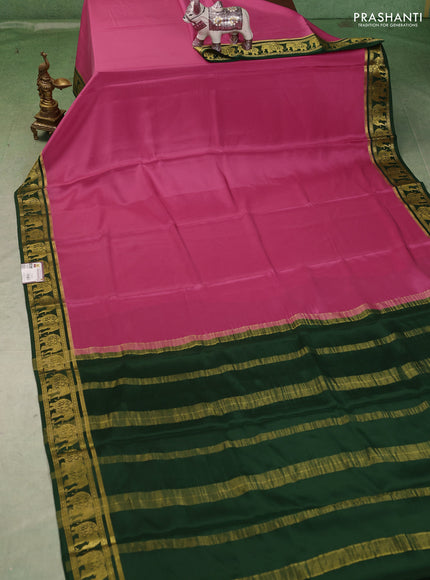 Pure mysore silk saree mauve pink and green with plain body and zari woven border