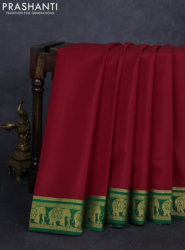 Pure mysore silk saree red and green with plain body and zari woven border