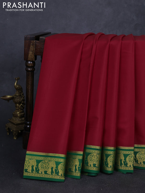 Pure mysore silk saree red and green with plain body and zari woven border
