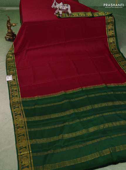 Pure mysore silk saree red and green with plain body and zari woven border