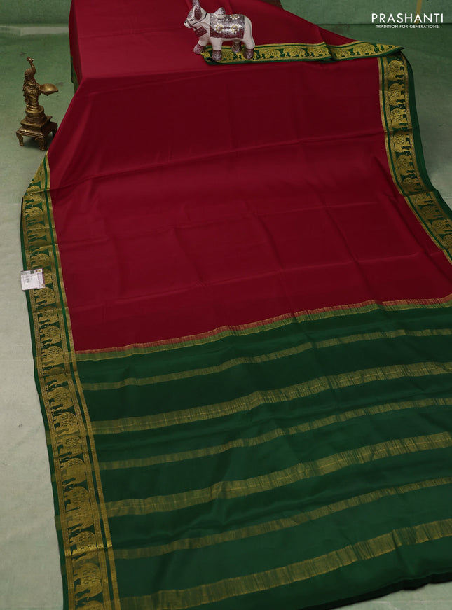 Pure mysore silk saree red and green with plain body and zari woven border