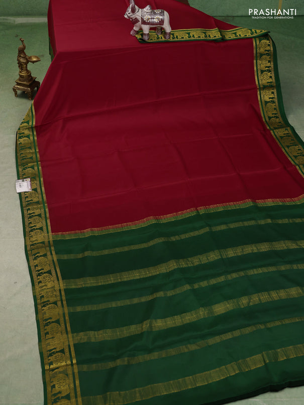 Pure mysore silk saree red and green with plain body and zari woven border