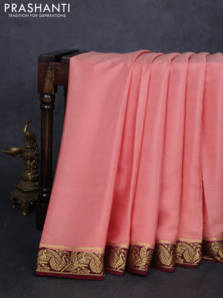 Pure mysore silk saree peach shade and coffee brown with plain body and zari woven border