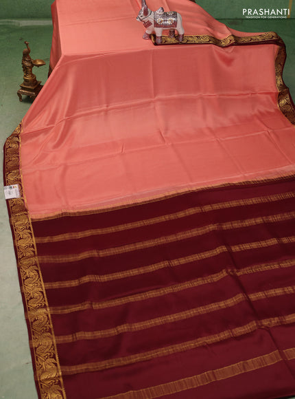 Pure mysore silk saree peach shade and coffee brown with plain body and zari woven border