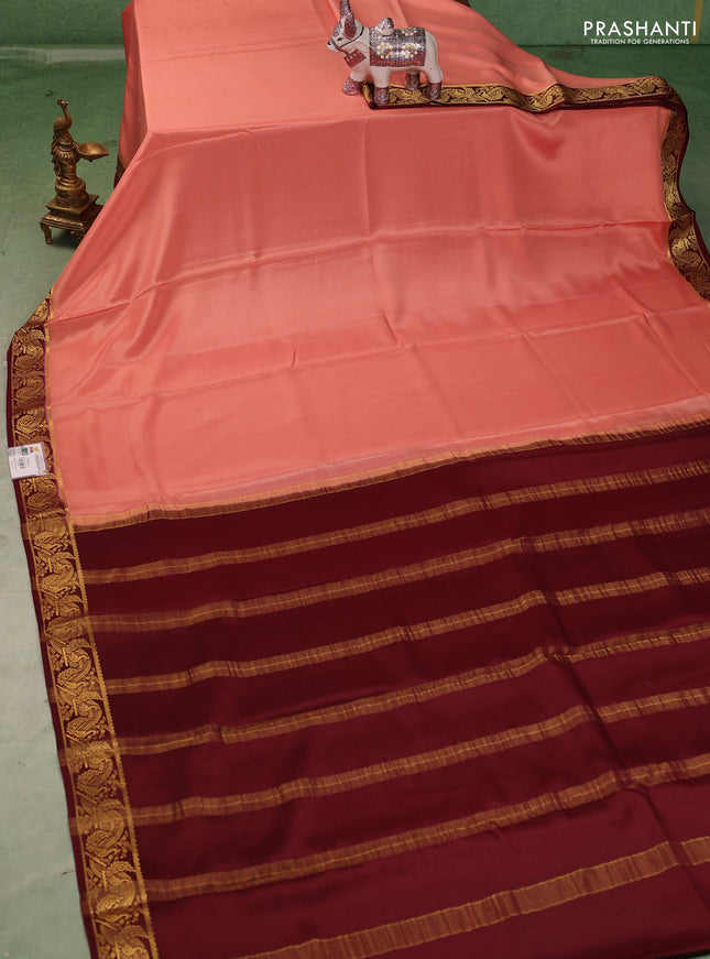 Pure mysore silk saree peach shade and coffee brown with plain body and zari woven border
