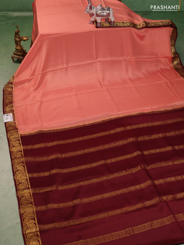 Pure mysore silk saree peach shade and coffee brown with plain body and zari woven border