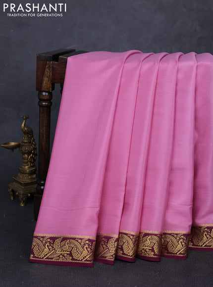 Pure mysore silk saree mauve pink and wine shade with plain body and zari woven border