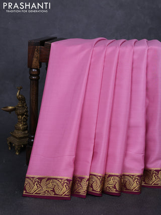 Pure mysore silk saree mauve pink and wine shade with plain body and zari woven border