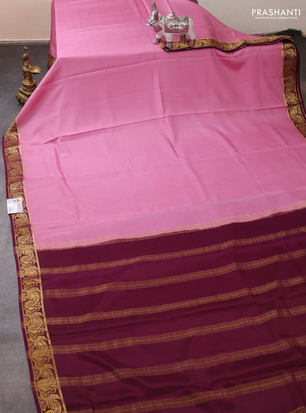 Pure mysore silk saree mauve pink and wine shade with plain body and zari woven border