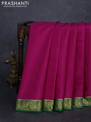 Pure mysore silk saree pink and green with plain body and zari woven border