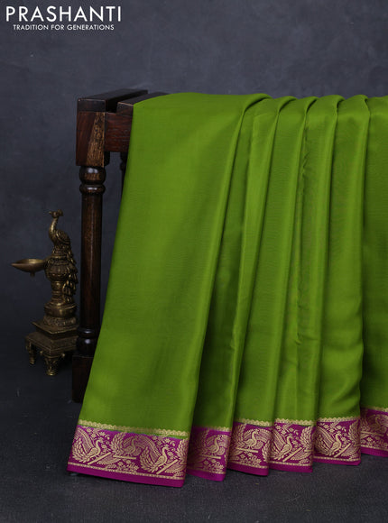 Pure mysore silk saree light green and purple with plain body and zari woven border