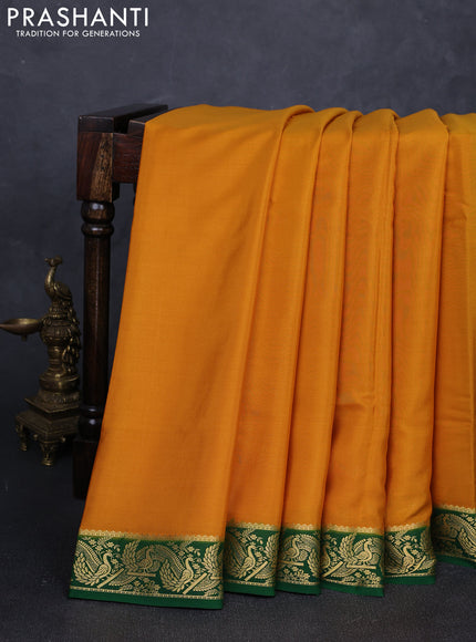 Pure mysore silk saree mustard yellow and green with plain body and zari woven border