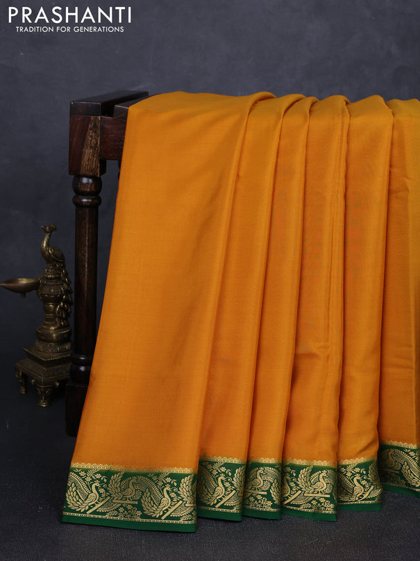 Pure mysore silk saree mustard yellow and green with plain body and zari woven border