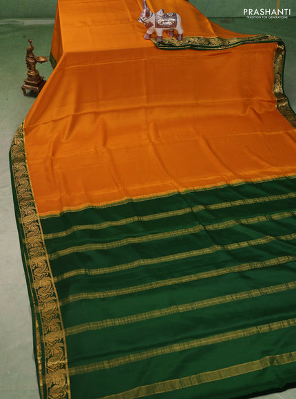 Pure mysore silk saree mustard yellow and green with plain body and zari woven border