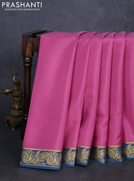 Pure mysore silk saree mauve pink and teal green with plain body and zari woven border