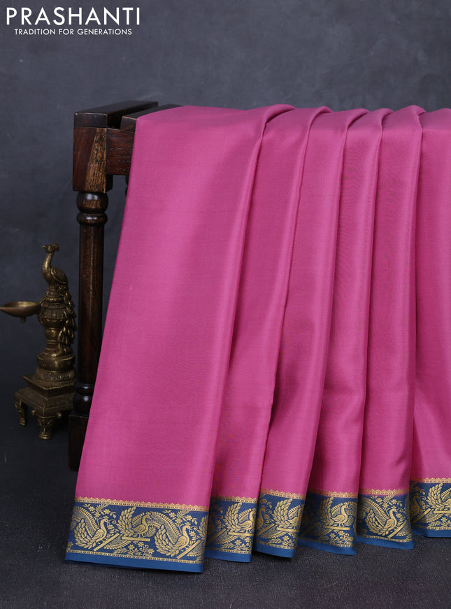 Pure mysore silk saree mauve pink and teal green with plain body and zari woven border