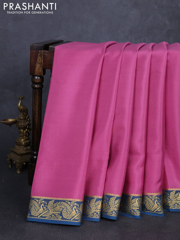 Pure mysore silk saree mauve pink and teal green with plain body and zari woven border