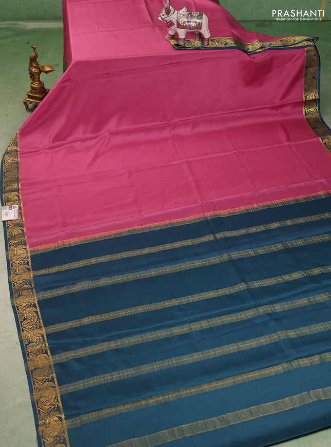 Pure mysore silk saree mauve pink and teal green with plain body and zari woven border