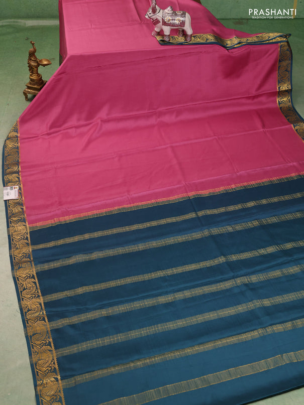 Pure mysore silk saree mauve pink and teal green with plain body and zari woven border